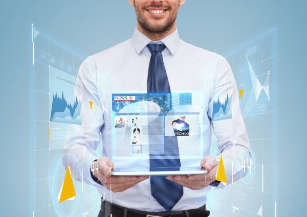 young businesswoman with tablet pc business, technology, internet and education concept - friendly young smiling businesswoman with tablet computer showing news